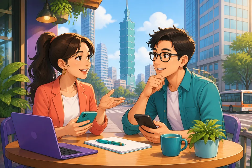Anna and David discussing remote work and saying polite opinion phrases like '私としては〜のほうがいいと思います。' in a friendly setting.