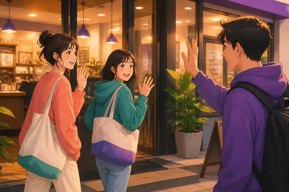 Anna and David say short Japanese farewells at a café table: またあとで, 気をつけてください, おやすみなさい.