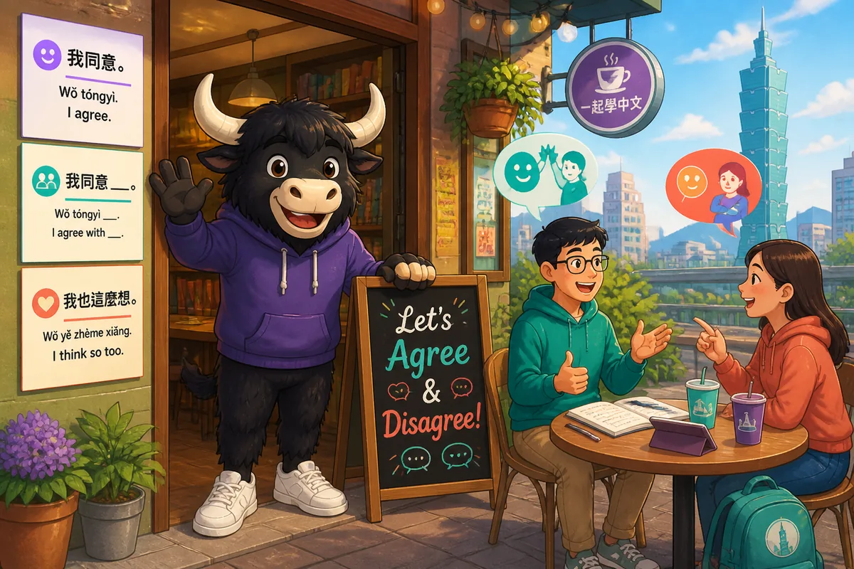 Two colleagues in an office smiling and nodding while discussing a plan in Japanese — lesson about agreement and disagreement phrases.