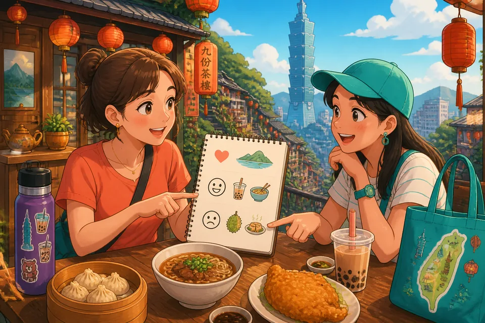 Anna and David smiling while exchanging sentences about favorite foods and travel preferences in Japanese.