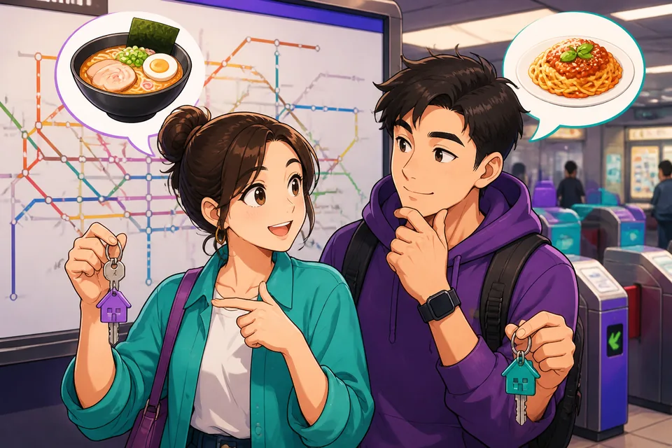 Anna and David smiling over menus, using phrases like どちらでもいいです and 代わりに___はどうですか to decide what to eat.