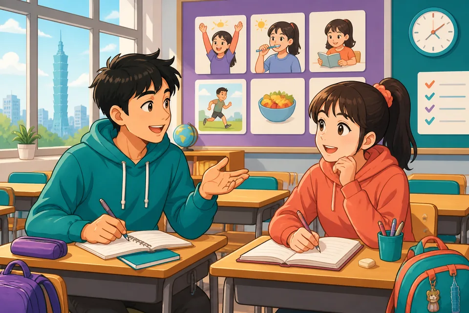 Anna and David sitting on a bench discussing how often they exercise and what they usually do in the morning, shown with Japanese phrases.