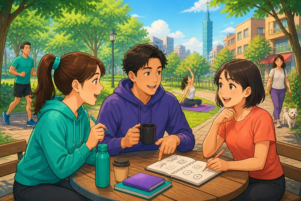 Two friends in a park talking about weekend and daily routines in Japanese; friendly urban background.