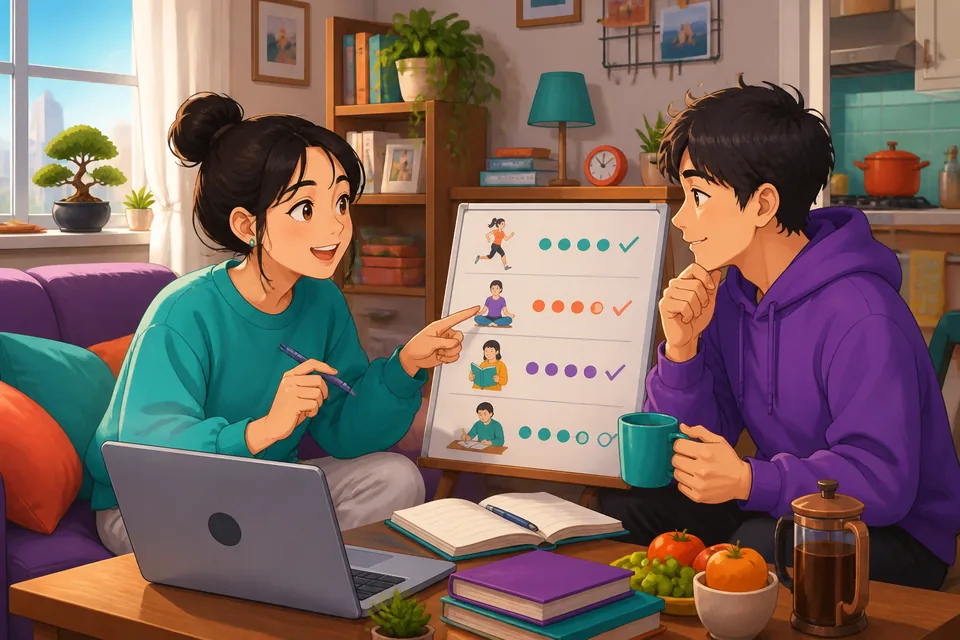 Two people chatting over coffee about their weekly routines in Japanese—a friendly, daily-life scene about habits.