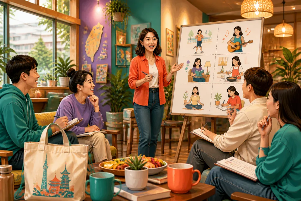 A cozy café where learners practice asking 'よく___ますか' and '週に何回___ますか' — a casual language-exchange scene in Japanese.