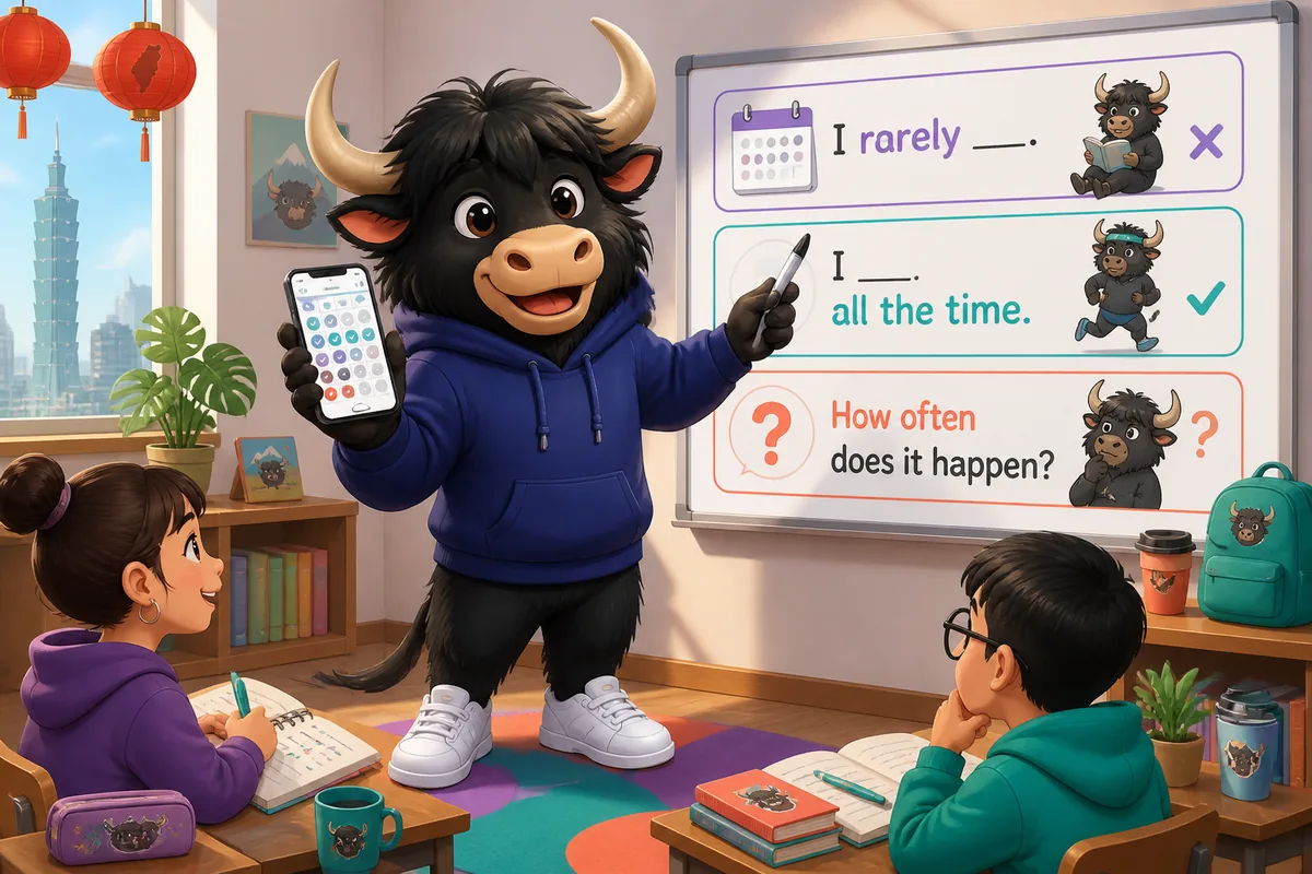 A friendly scene of two people talking about daily routines in Japanese; text shows frequency phrases like めったに and 毎日.
