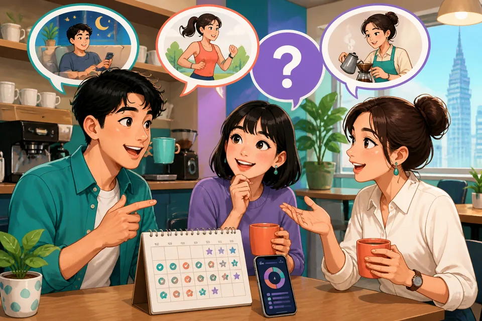 Illustration of a café chat where a learner asks 'どのくらいの頻度で起こりますか。' about habits and routines in Japanese.
