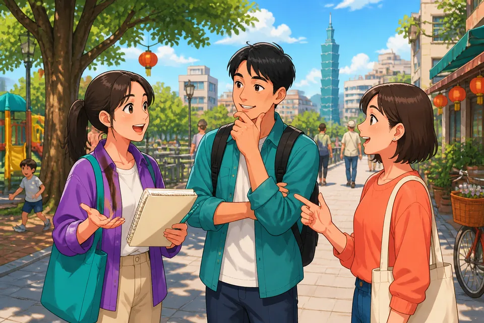 A café scene where a learner asks a question in Japanese about someone's decision, showing polite speech and question marks.