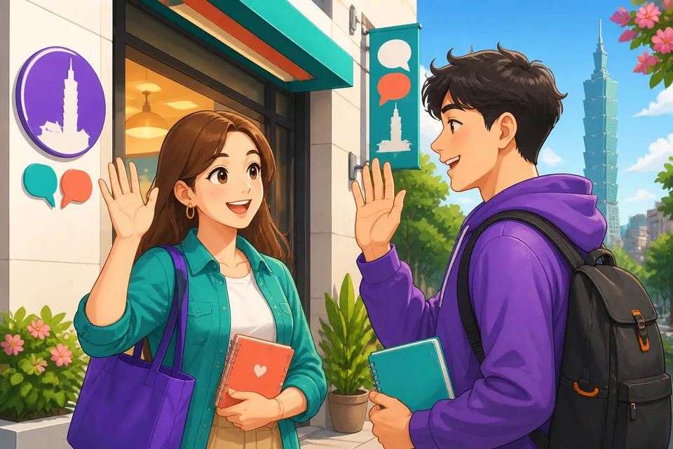 Anna and David say short polite goodbyes at a venue exit — words include thanks, safe travel, and see you soon in Japanese.