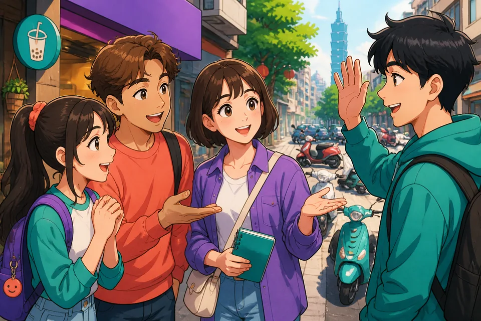 A friendly café scene where someone thanks another person for help before leaving; the lesson focuses on polite thank-you and goodbye phrases in Japanese.