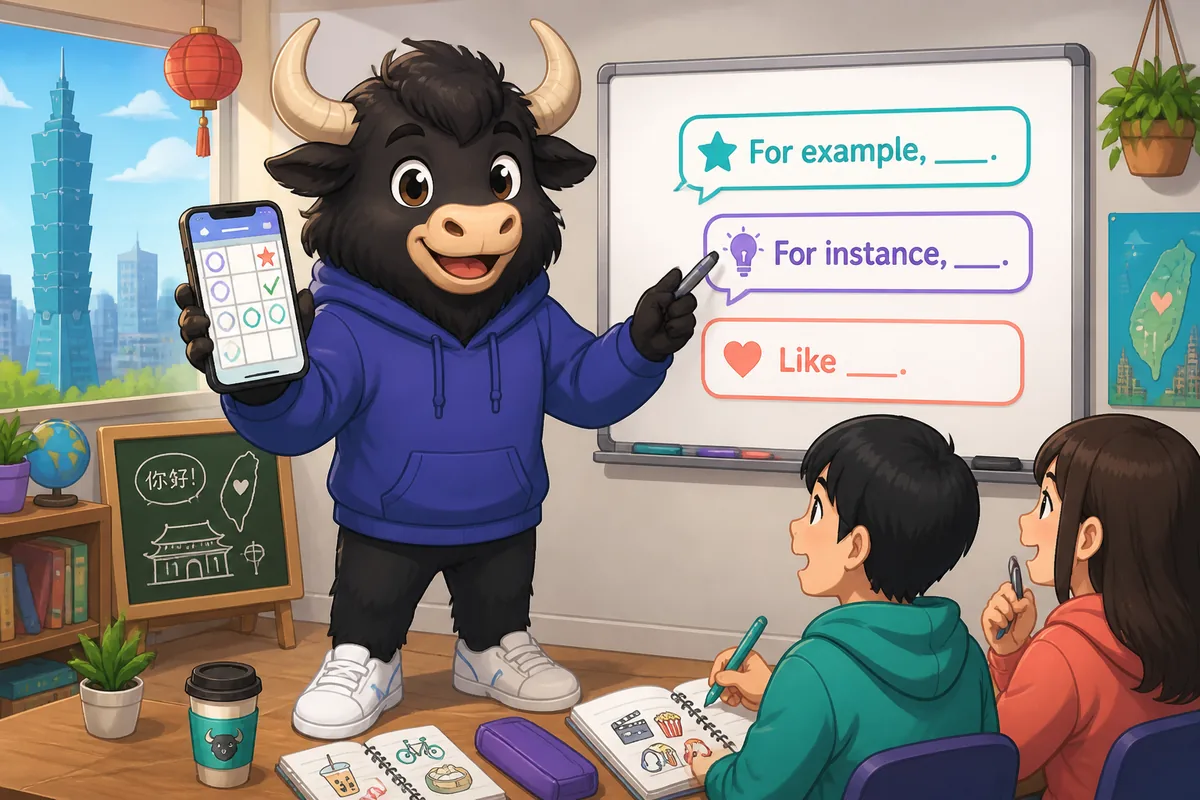 A friendly teacher pointing at example sentences in Japanese about 'たとえば' and other example phrases — lesson about giving examples.