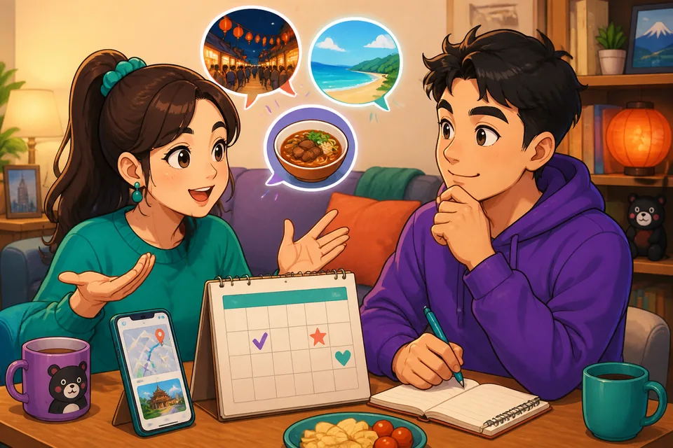Anna and David sitting at a café, using example phrases in Japanese while explaining a topic to each other.