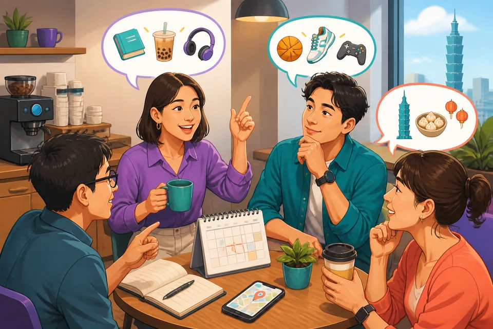 Two colleagues in a meeting discussing how to explain ideas, with Japanese example phrases visible: たとえば、例をあげますね。