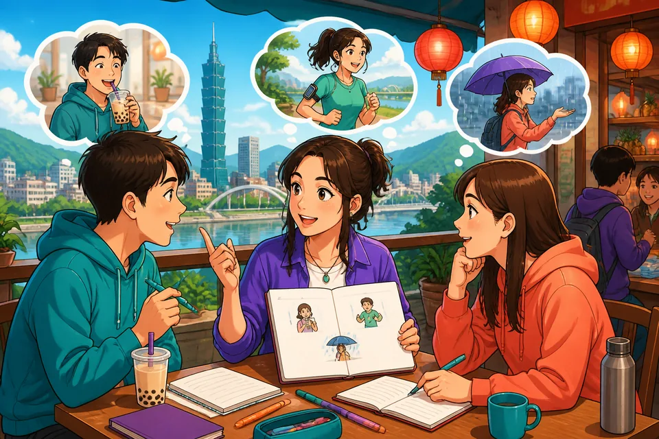 Two colleagues at a café discussing possible plans in Japanese, using phrases to introduce examples and typical cases.