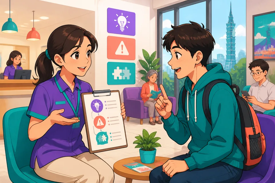Two people in a café discussing why a plan changed; Japanese explanation phrases appear as speech bubbles related to the topic.