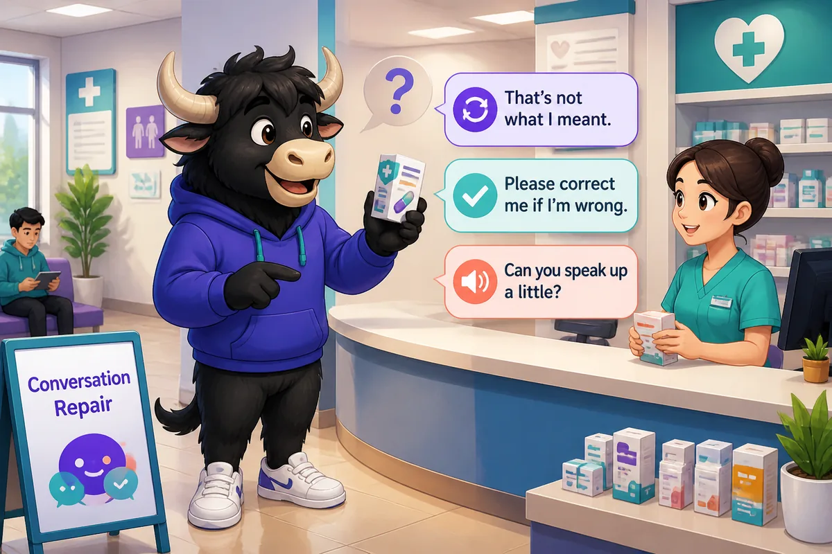 Two people on a video call, Japanese conversation repair phrases displayed, friendly scene about troubleshooting audio.