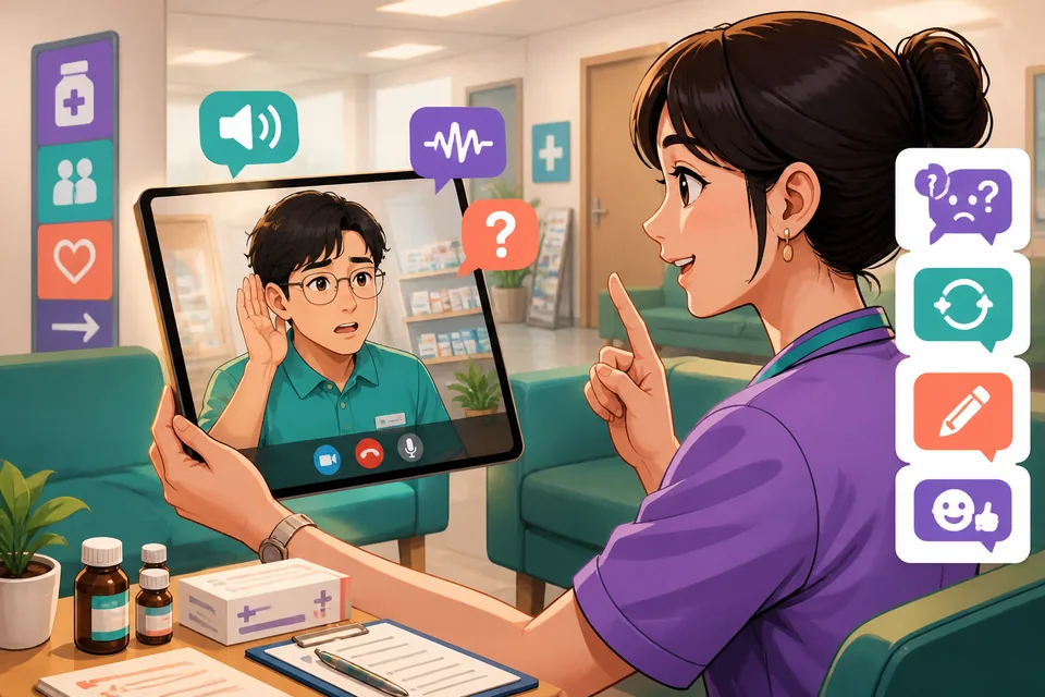 Anna and David on a weak video call; speech bubbles show Japanese lines asking to speak louder and checking the last word.