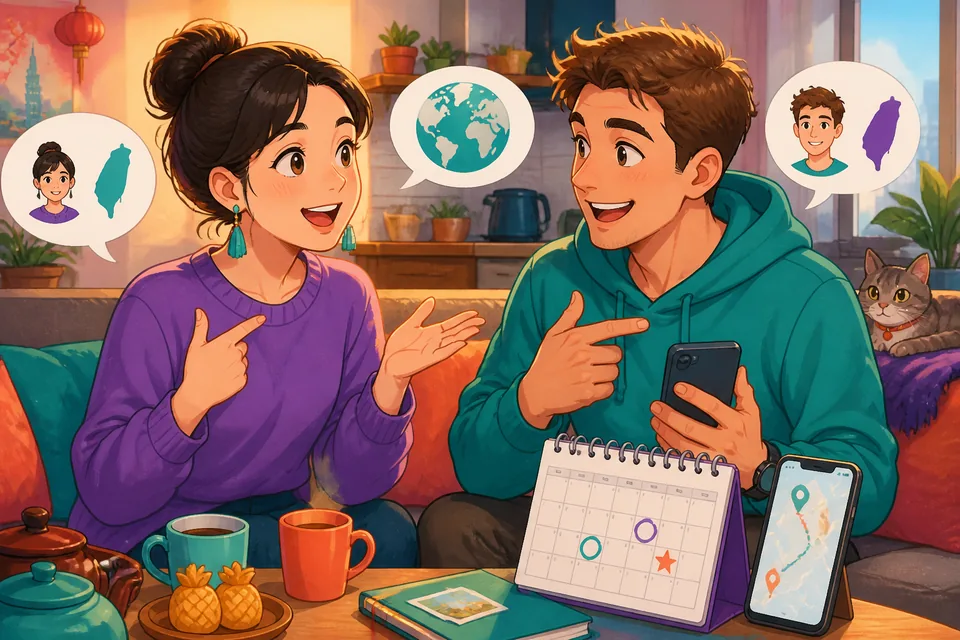 Anna and David smiling and exchanging short introductions in Japanese: names, hometowns, and languages.