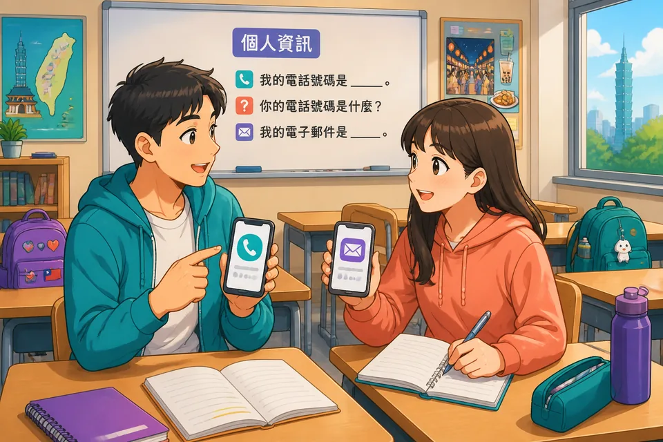 Two people talking at a café, one asking politely for a phone number and email address in Japanese — introduction setting.