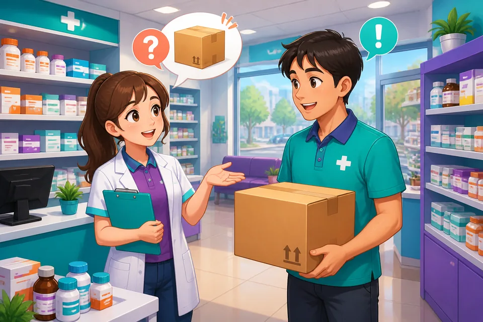 Two people (Anna and David) helping each other with a box, using polite requests and thanks in Japanese.