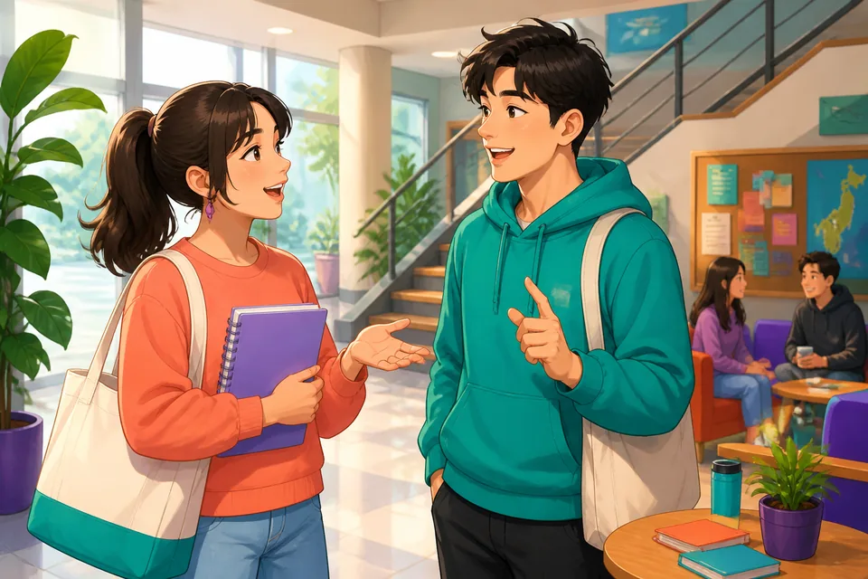 Anna and David chatting near a train station about how far each other's homes are and who they live with, useful for A2-level home talk in Japanese.