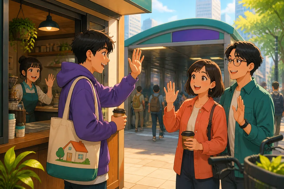 Two people talking outside an apartment building in Japanese about whether it's a house or a manshon, showing friendly home-related conversation.