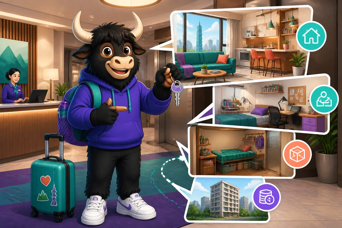 A cozy apartment scene illustrating Japanese home phrases; a person pointing to a room while speaking Japanese about rent and neighborhood.