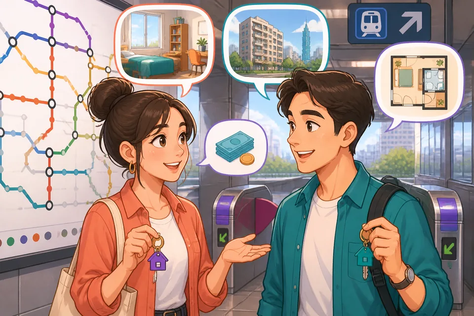 Two friends talking in front of an apartment building in Japanese, asking about 家賃 (rent) and what the building has.