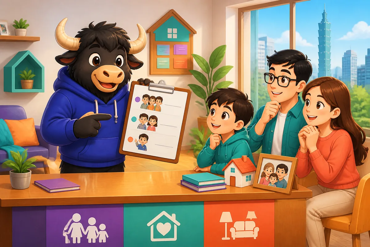 A friendly photo of a small family at home, smiling and talking about siblings in Japanese; theme: family and household phrases.