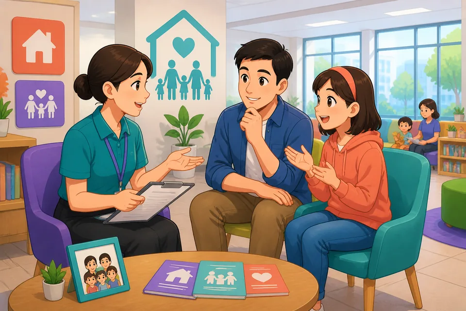 A cozy living room where two friends talk about family size and who they live with in Japanese; warm, personal scene.