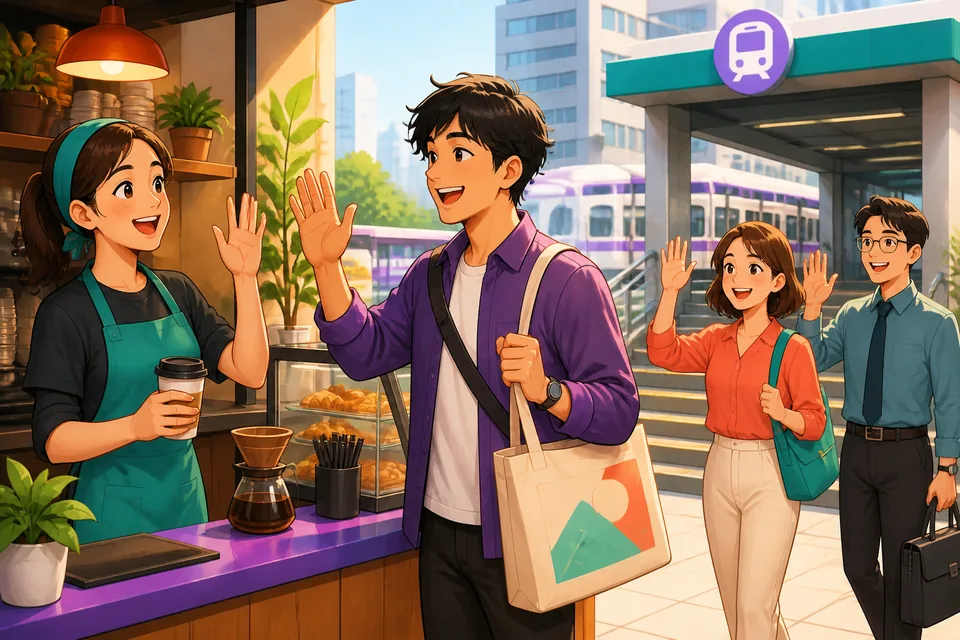 A café near an office where two colleagues casually ask about each other's jobs and work hours in Japanese.