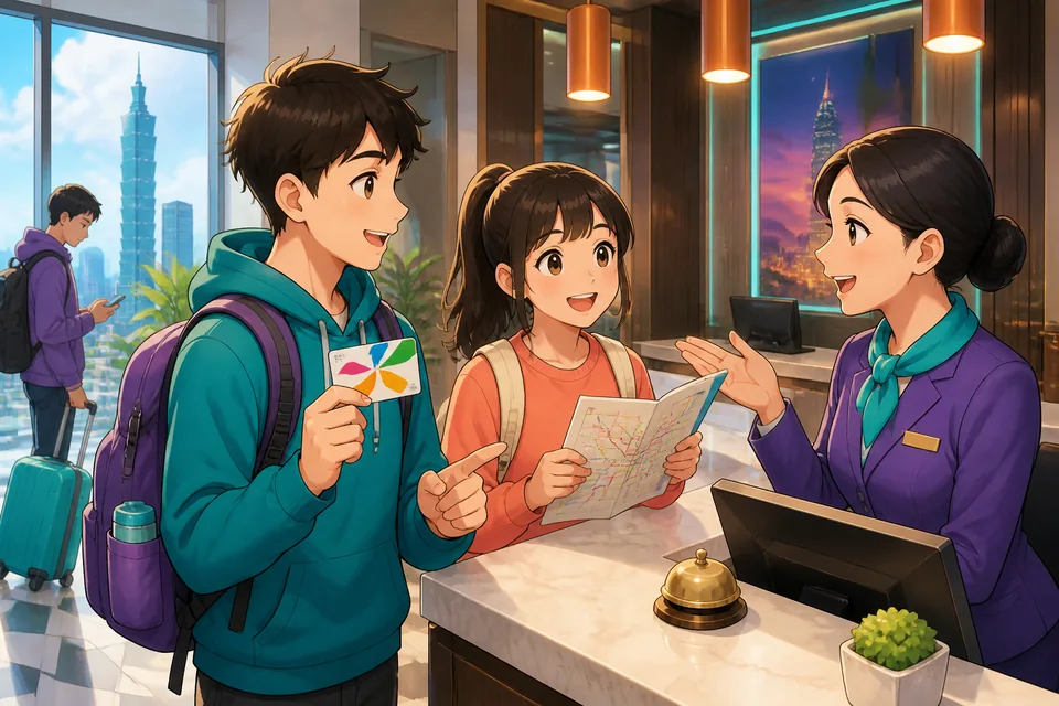 Anna and David talking between classes, mentioning tests, borrowing a pen, and favourite subjects in Japanese.