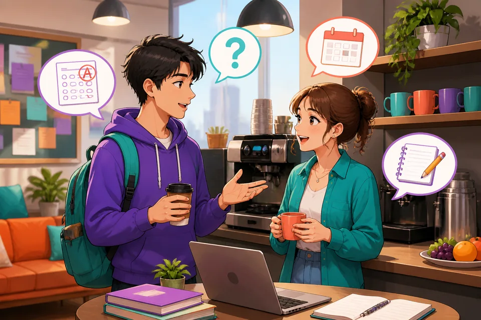 Two classmates chatting politely about a test score, missed class, and a project — a natural school conversation in Japanese.