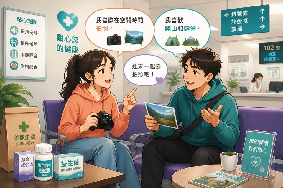 Anna and David walking with a camera, using phrases about photography and invitations in Japanese.