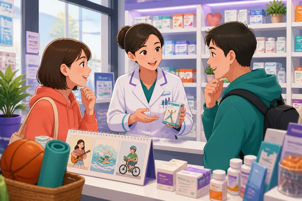 A cozy cafe scene where people discuss 趣味 (shumi) and what they like to do on weekends.