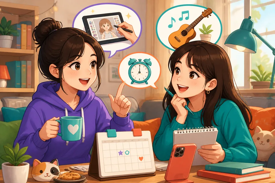 Two friends chatting near a café: one practices piano on a portable keyboard and the other shows photos — they use polite Japanese hobby phrases.