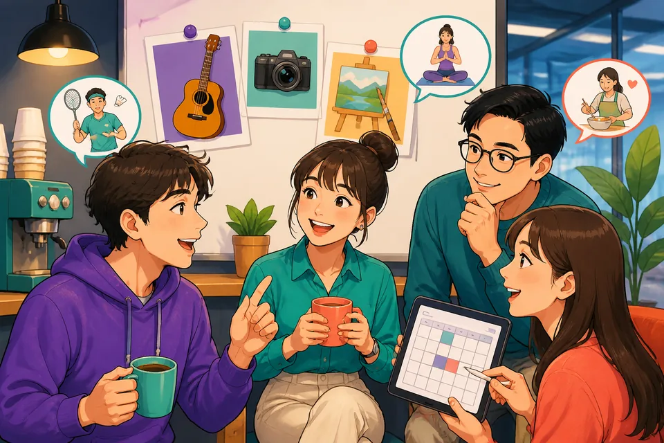 Close-up of a notebook with Japanese hobby phrases and romaji, a camera, and a cup of tea — the lesson focuses on talking about hobbies in Japanese.
