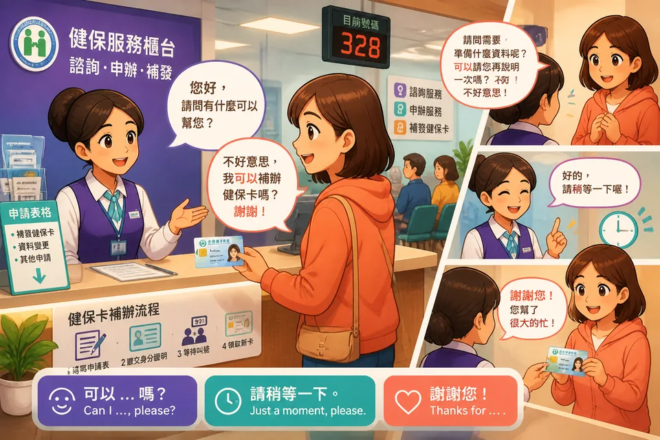 Two people politely talking: one asks 「写真を撮ってもいいですか？」 (Shashin o totte mo ii desu ka?) and the other replies kindly.