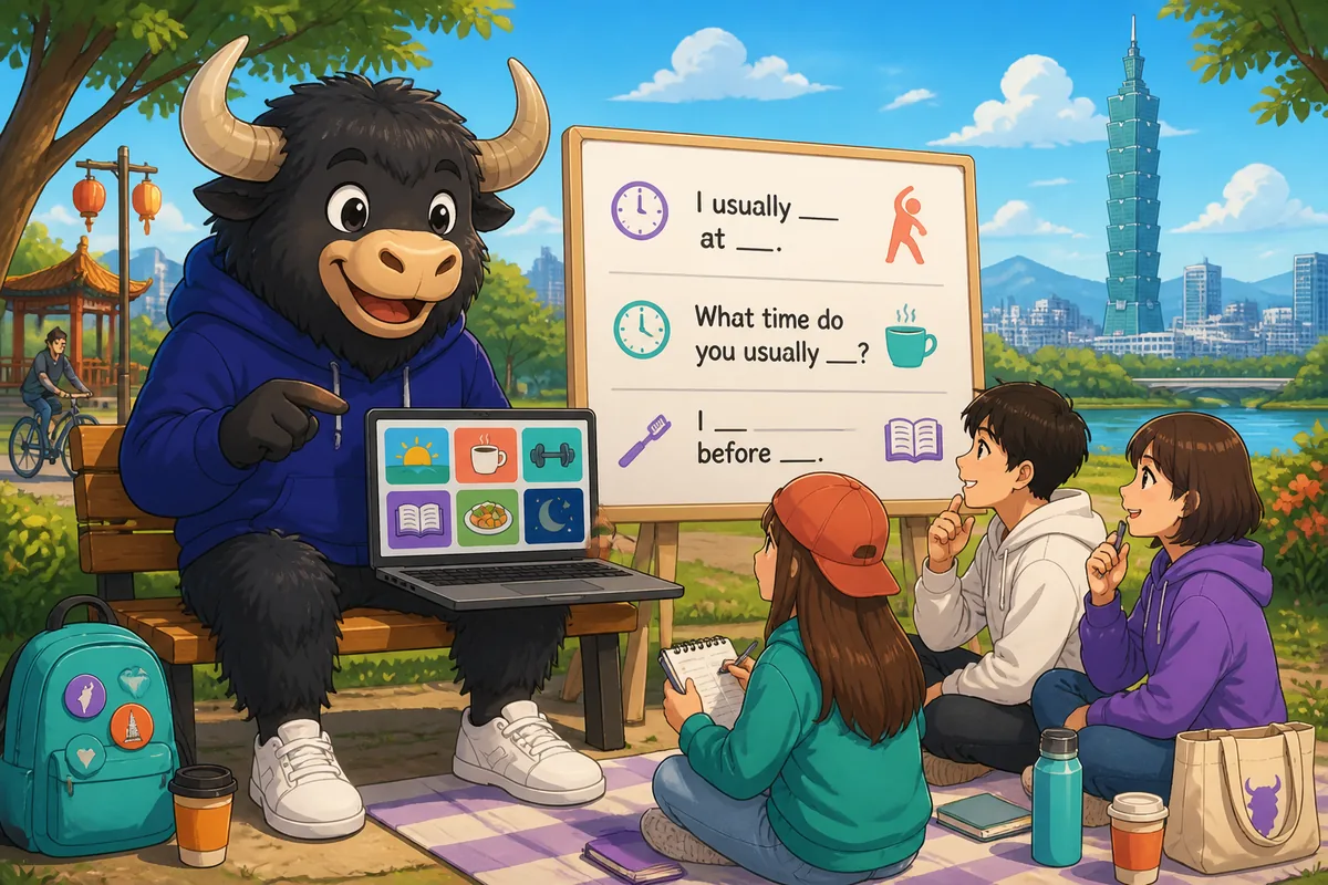 A cozy morning scene in Japanese style: alarm clock, tea, and a timetable for daily routine in Japanese text about daily routines.