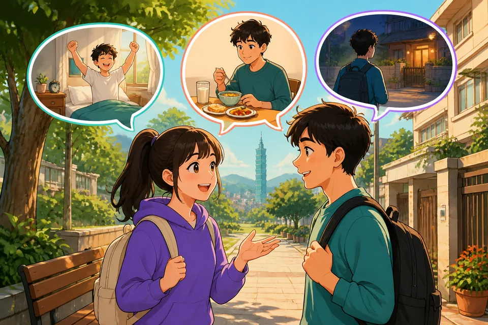 Two friends (Anna and David) talking in a living room about wake-up time, breakfast, and bedtime with visible Japanese phrases.
