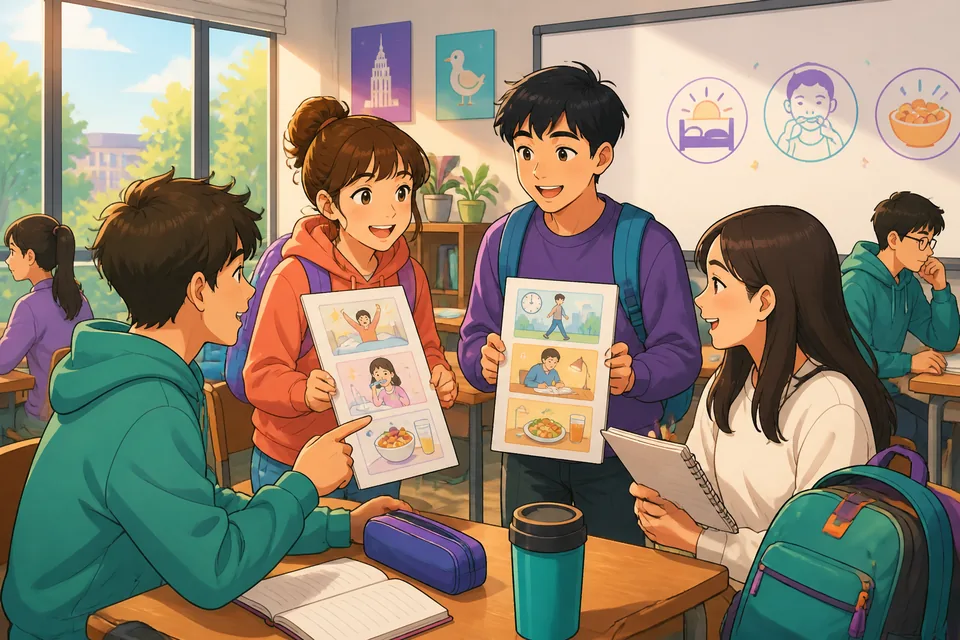 A small apartment kitchen with breakfast on the table and a clock — the image ties to Japanese daily routine phrases.