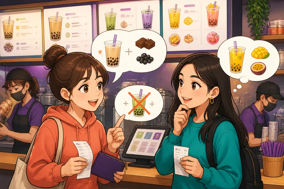 Close-up of a server answering a question about ingredients, e.g., このカレーにナッツは入っていますか。 — shows practical ingredient-checking in Japanese.
