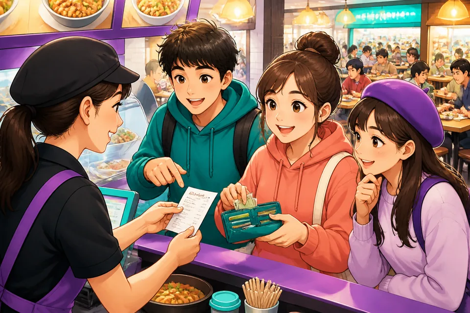 Two friends at a small izakaya: one asks 好きな食べ物は何ですか。 and the other points to sushi on the menu — visual for Level A2 food phrases.