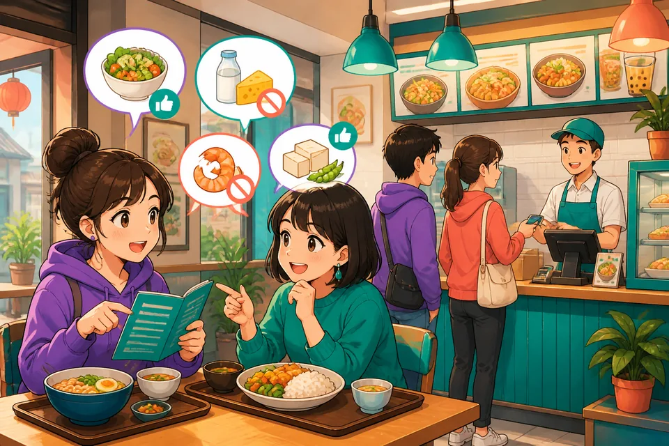 Close-up of a waiter and guest discussing food preferences and a salad order with a "no nuts" request; Japanese phrases shown.