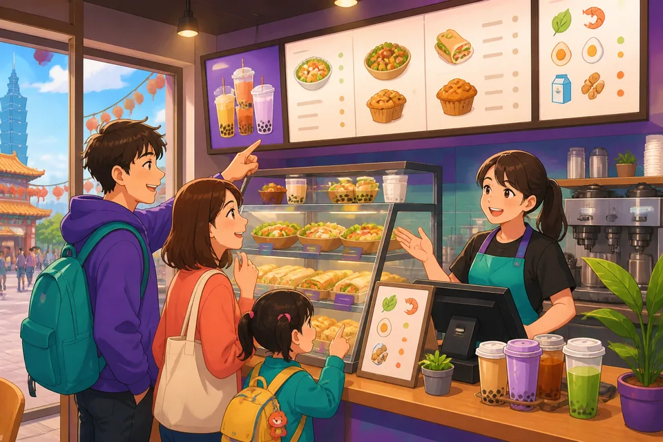Two friends at a table, one asking politely about menu options and allergies in Japanese; warm, casual restaurant scene.