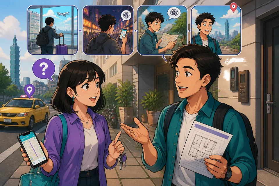 Two people at a park bench sharing travel stories in Japanese, using phrases like 「道に迷いましたが、なんとか戻れました。」