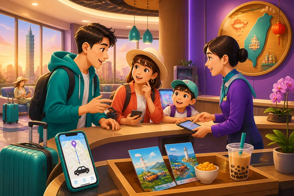 A small suitcase and a boarding pass on a café table while someone explains 「行く途中で、___がありました。」 — an image for travel storytelling in Japanese.