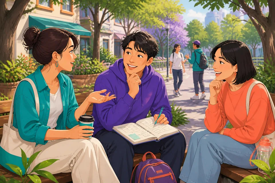 A traveler telling a friend about a past trip, using polite Japanese reflections and background phrases.