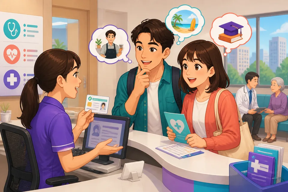 A cozy cafe scene where people ask and answer about personal plans in Japanese; visual shows a calendar and a thought bubble.