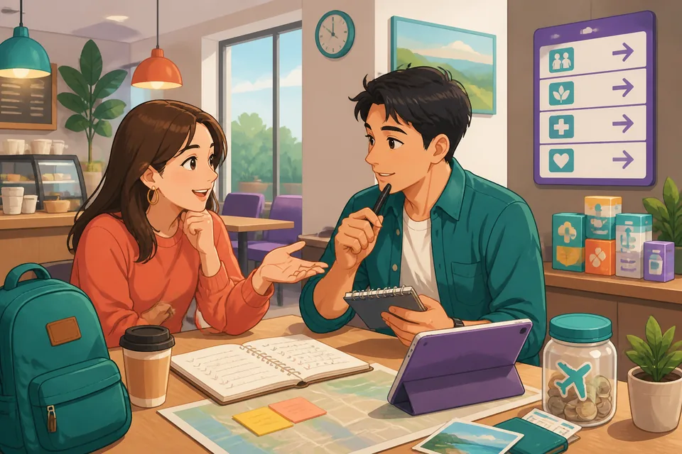 Anna and David smiling across a table discussing what they want to do after an event, with Japanese phrases for undecided plans and looking forward to things.